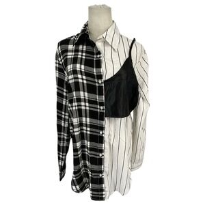 Live 4 Truth Womens Large Mixed Media Plaid Pinstripe Shirt Faux Leather Overlay